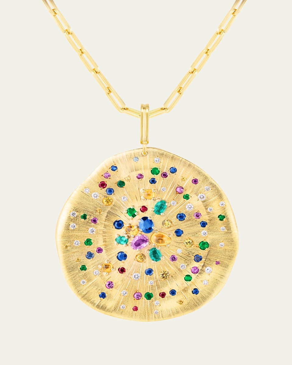 18K Yellow Gold Soleil Medal Necklace with Multicolor Sapphires, Emeralds, Rubies and Diamonds